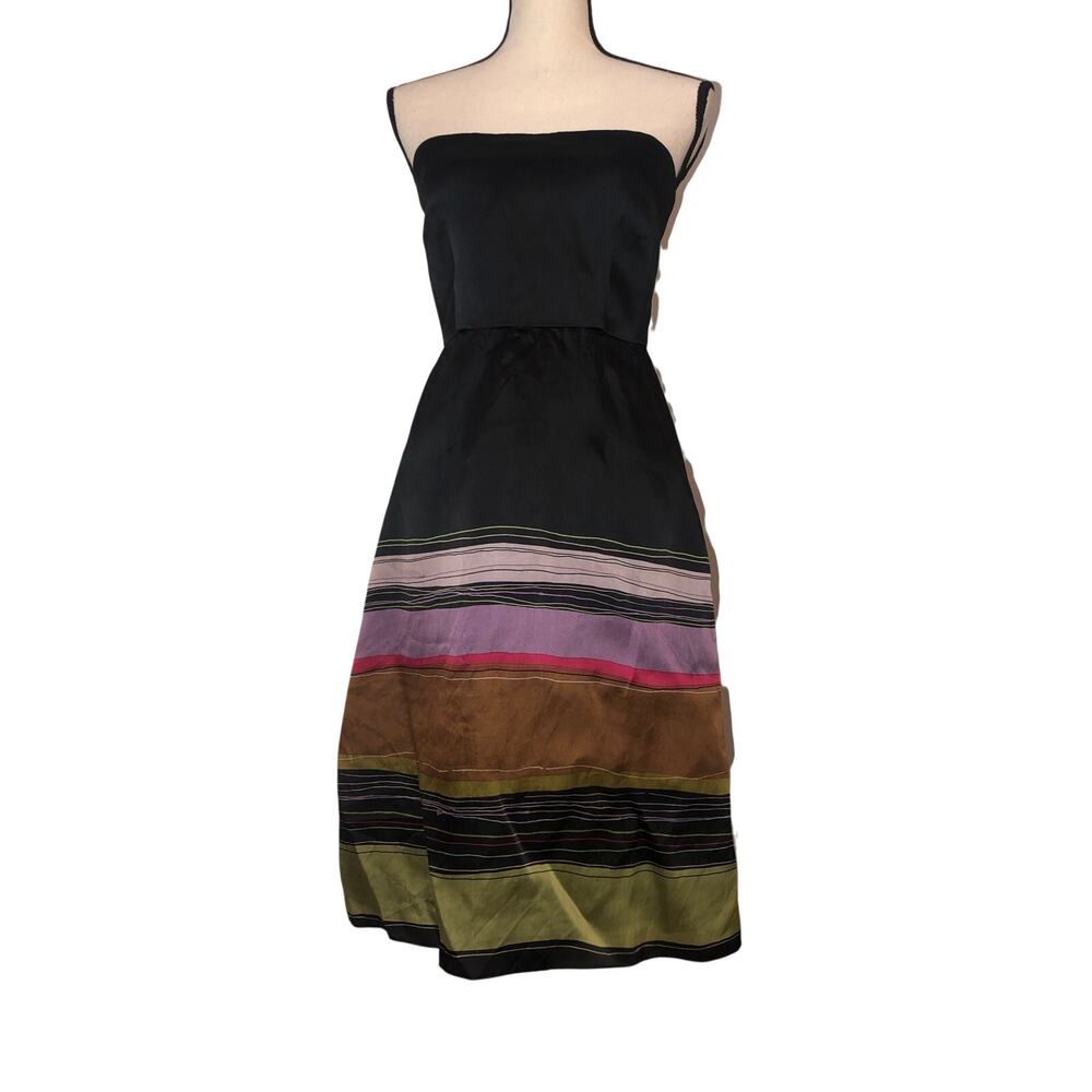 Vintage Kay Unger Silk Strapless Dress Size 6 Black Multi Color Abstract 90s